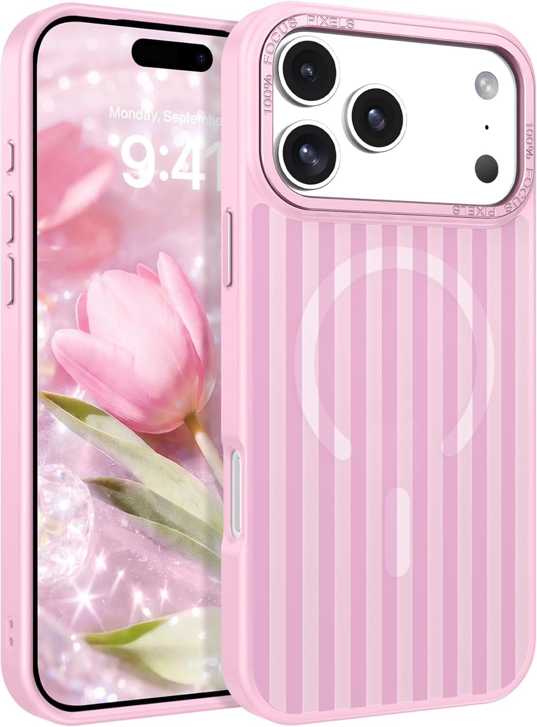 for Iphone 17 Pro Max Case Cute Striped Phone Case Compatible with Magsafe, Slim Translucent Aesthetic Protective Bumper Shockproof Cover for Women Girl for 17 Pro Max 6.9", Pink