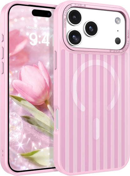 for Iphone 17 Pro Max Case Cute Striped Phone Case Compatible with Magsafe, Slim Translucent Aesthetic Protective Bumper Shockproof Cover for Women Girl for 17 Pro Max 6.9", Pink