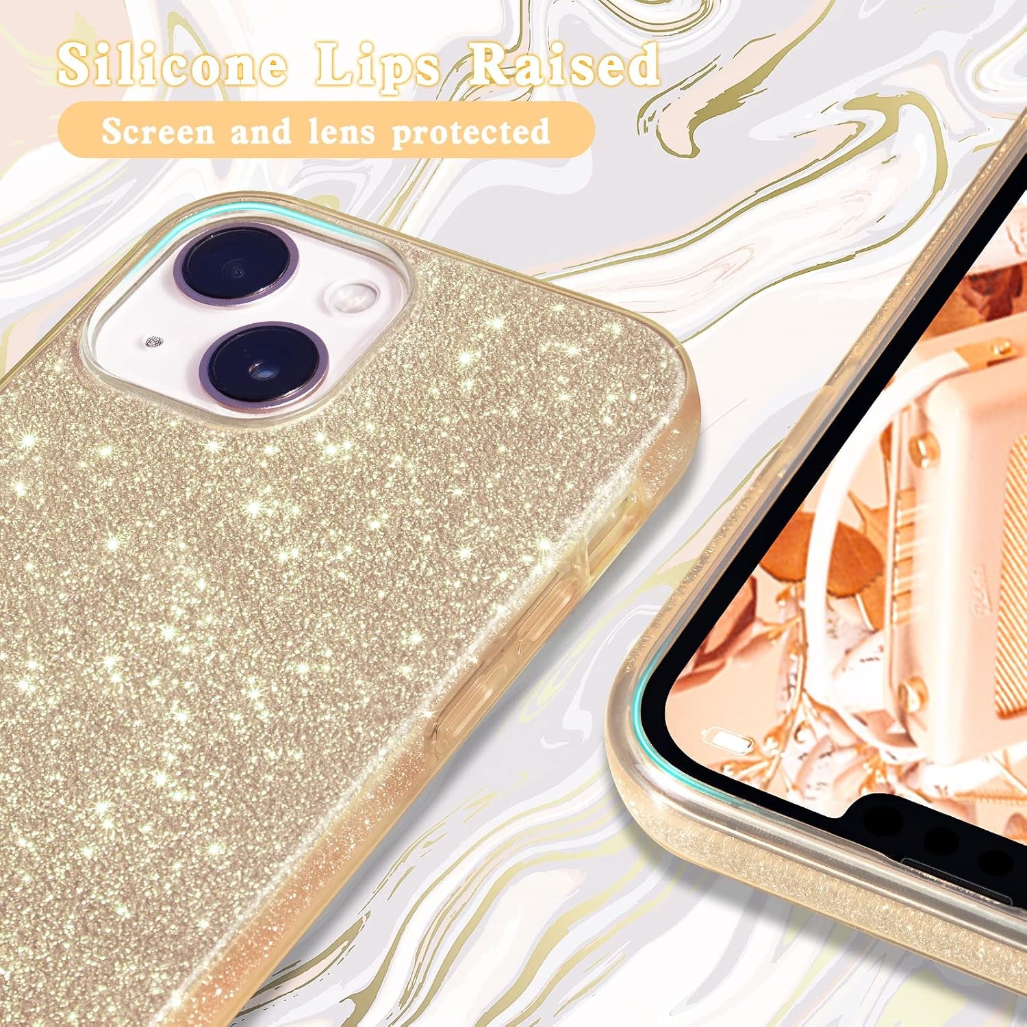 Compatible with Iphone 14 Case Bling Sparkle Cute Girls Women Protective Cases Cover for Iphone 14 6.1" 2022 (Gold)