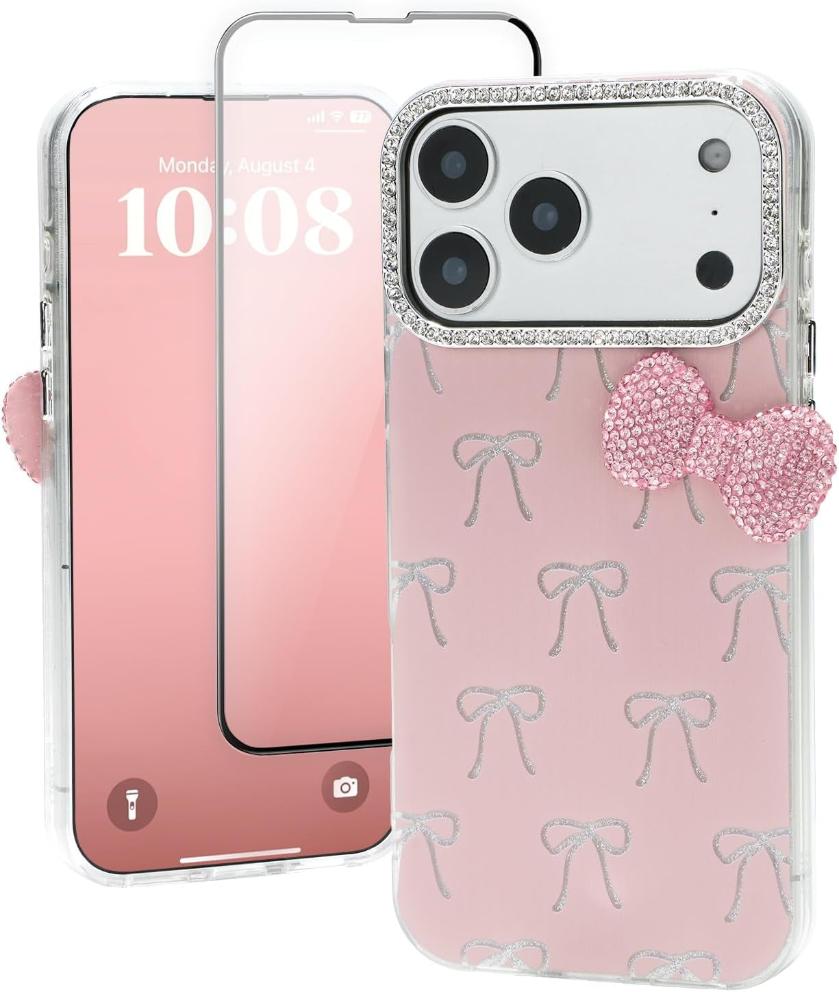 Cute Case for Iphone 17 Pro Max 6.9" with HD Screen Protector,Pink Glitter Rhinestone Bow Phone Cases,Bowknot Pattern Silicone Protective Camera Shockproof Phone Cover for Women&Girls