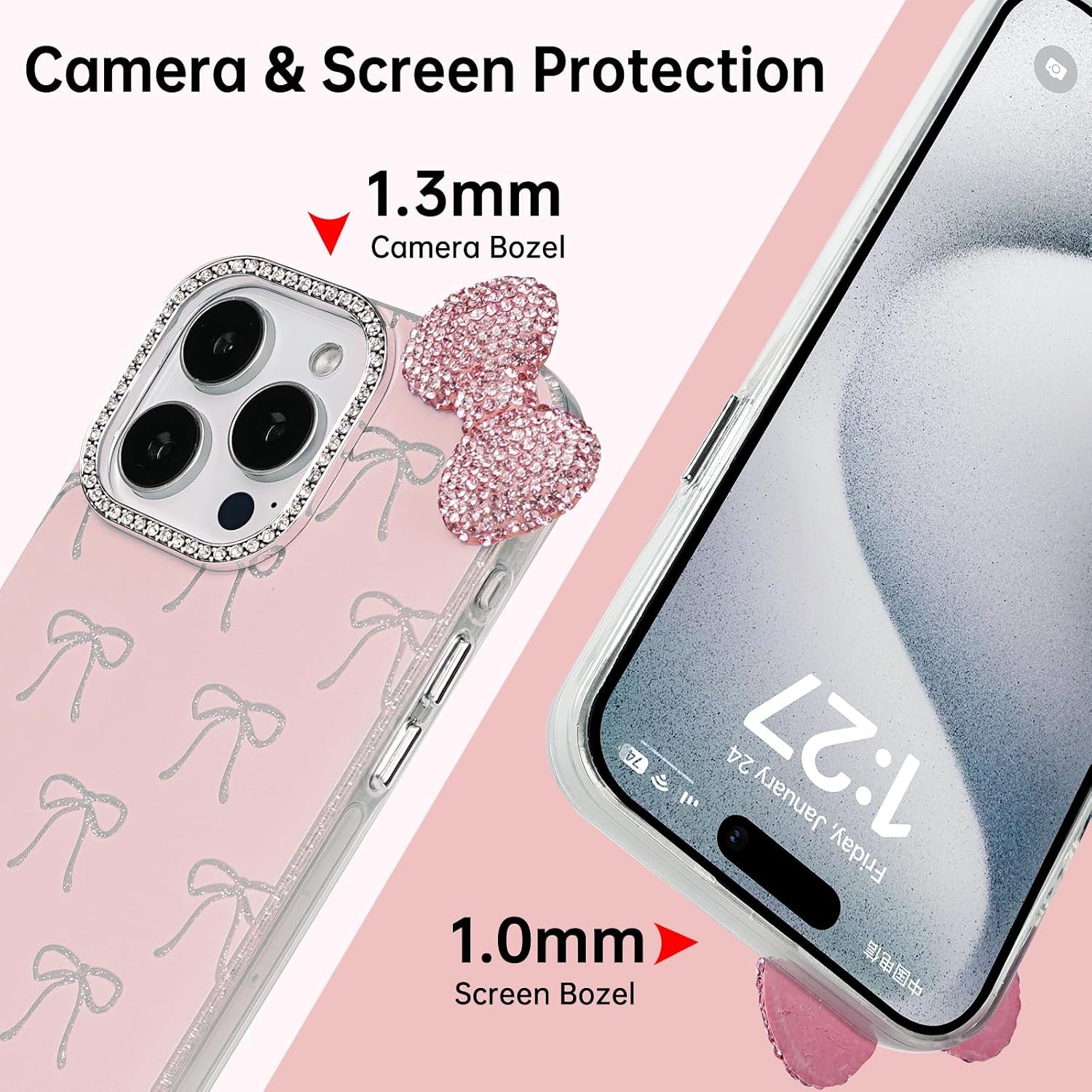 Cute Case for Iphone 17 Pro Max 6.9" with HD Screen Protector,Pink Glitter Rhinestone Bow Phone Cases,Bowknot Pattern Silicone Protective Camera Shockproof Phone Cover for Women&Girls