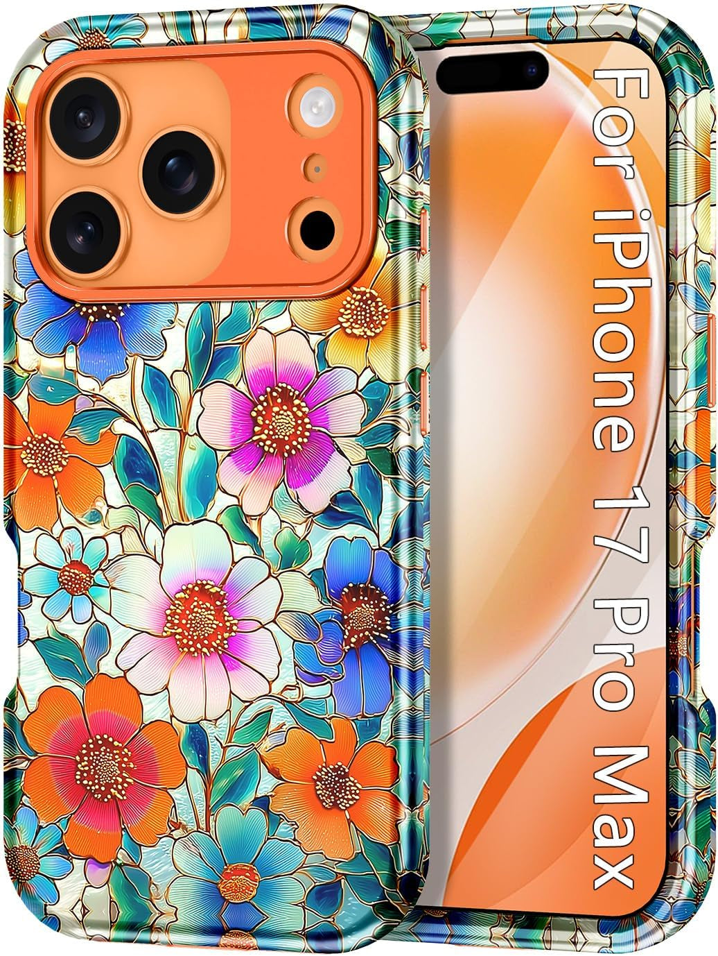 Compatible with Iphone 17 Pro Max Case 6.9 Inch 2025,Marble Pattern 3 in 1 Heavy Duty Shockproof Full Body Rugged Hard Pc+Soft Silicone Drop Protective Women Girl Phone Cases, Orange