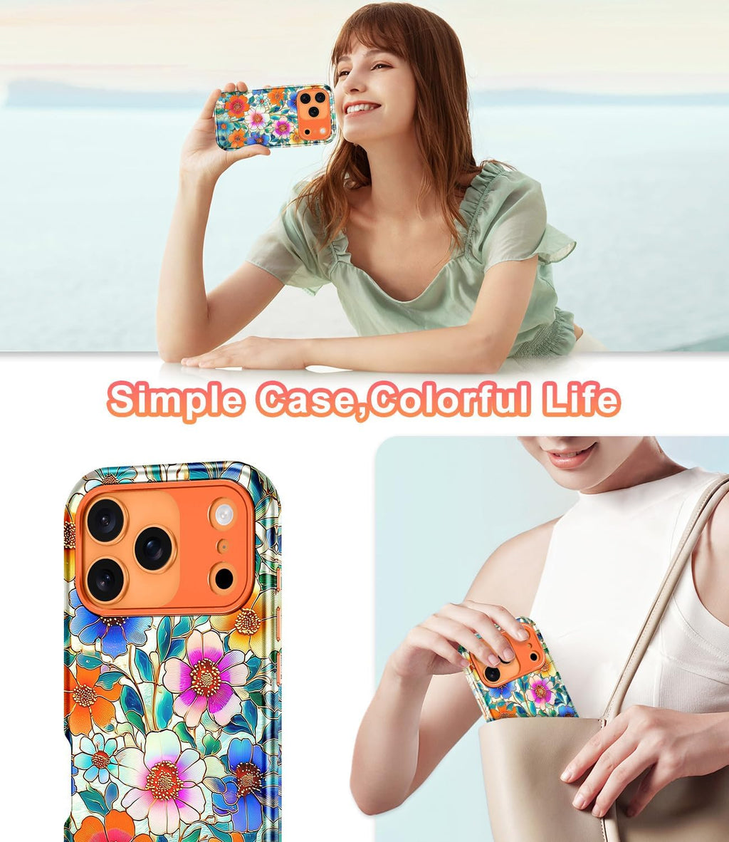 Compatible with Iphone 17 Pro Max Case 6.9 Inch 2025,Marble Pattern 3 in 1 Heavy Duty Shockproof Full Body Rugged Hard Pc+Soft Silicone Drop Protective Women Girl Phone Cases, Orange