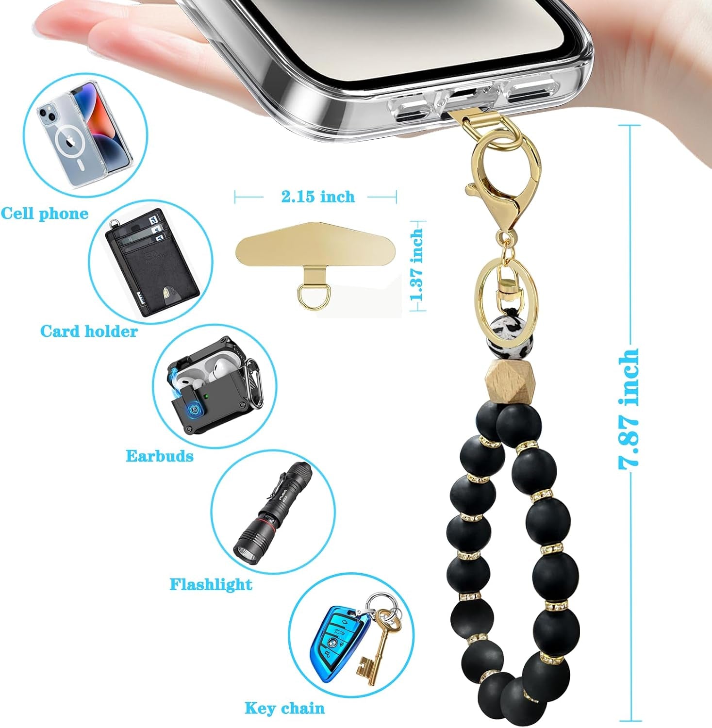 Silicone Beaded Phone Wrist Strap, Phone Bracelet Strap with Tether Tab Elastic Hands Free Wristlet Strap