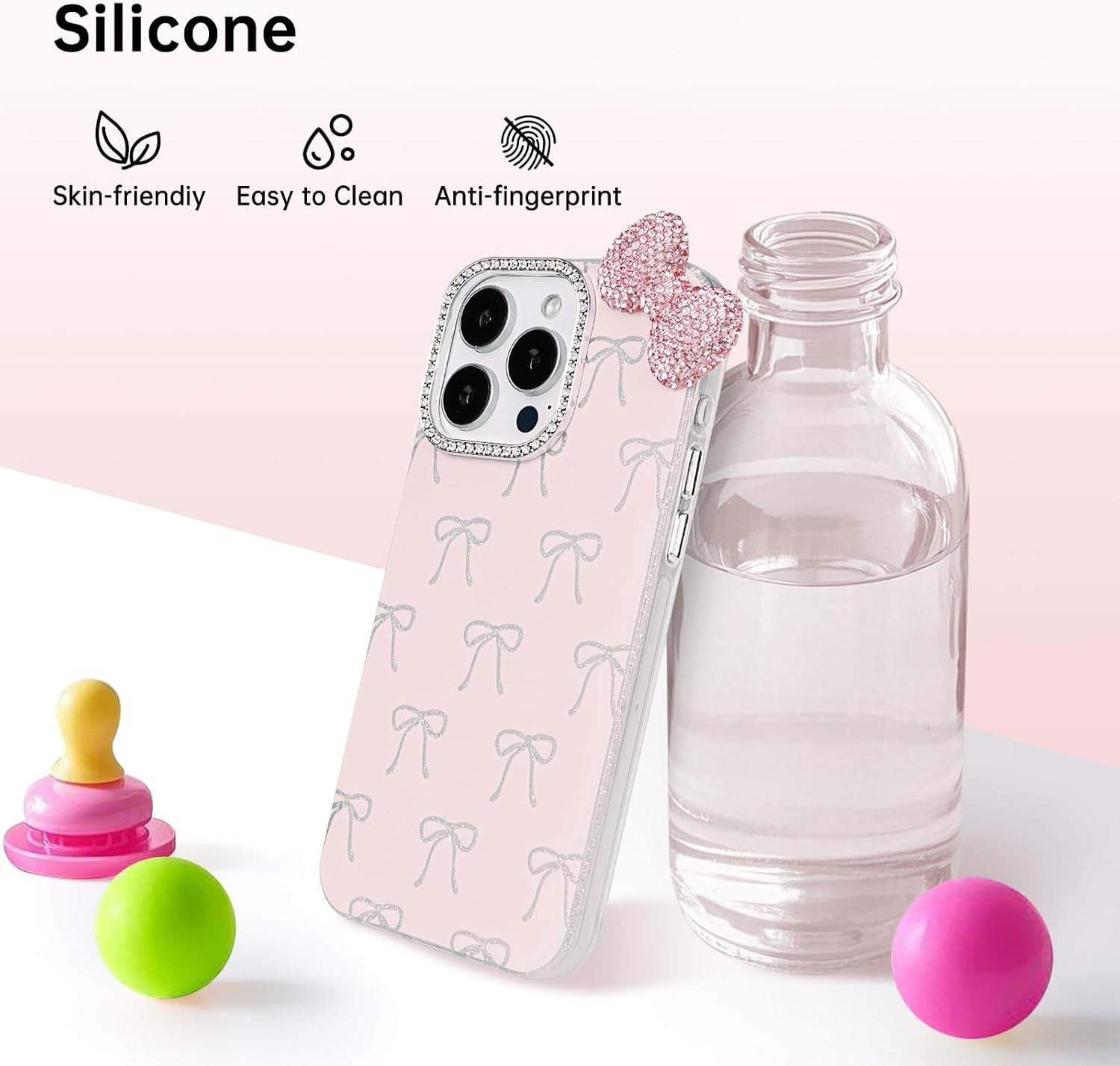 Cute Case for Iphone 17 Pro Max 6.9" with HD Screen Protector,Pink Glitter Rhinestone Bow Phone Cases,Bowknot Pattern Silicone Protective Camera Shockproof Phone Cover for Women&Girls