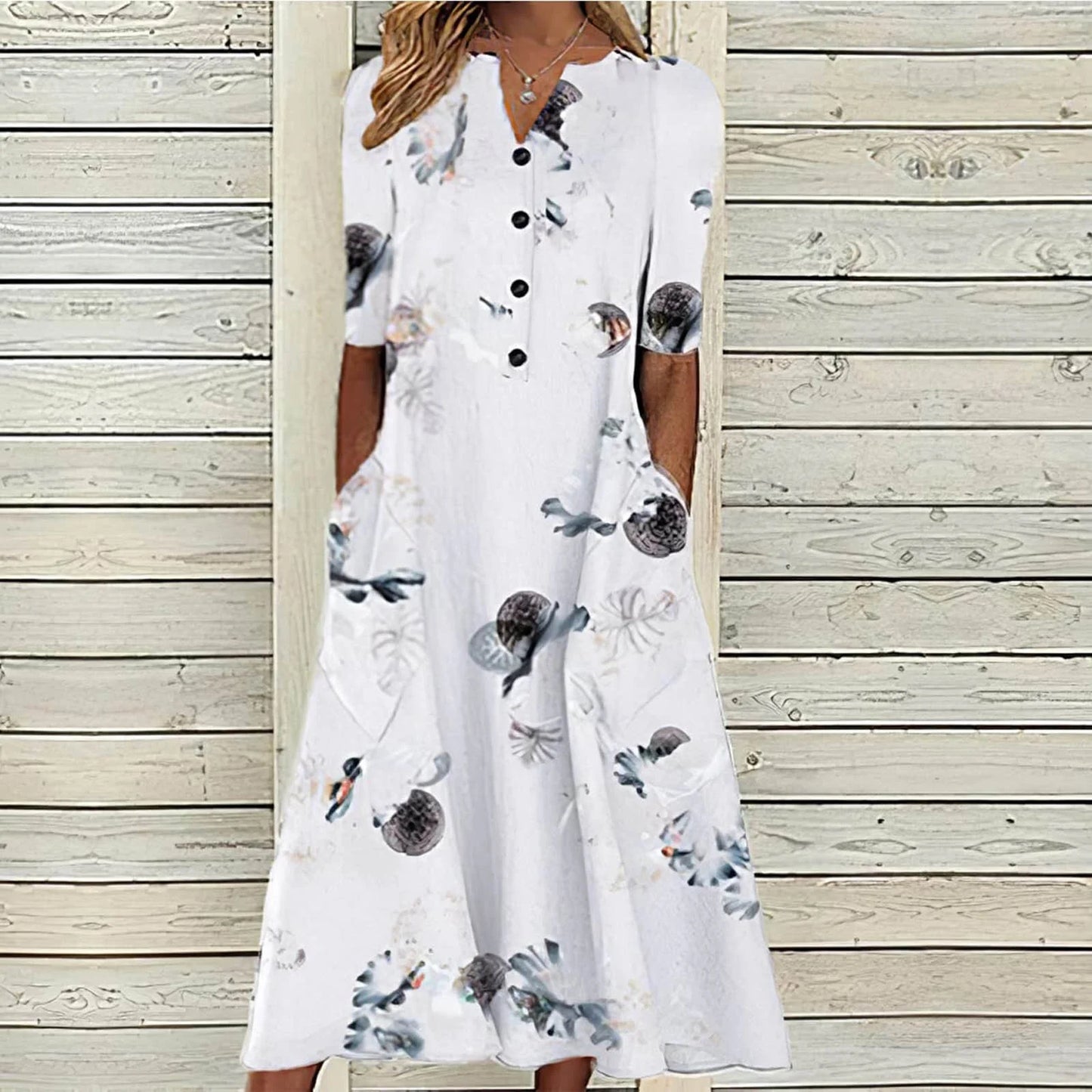 Womens Summer Dresses Button Short Sleeve Pockets Dress