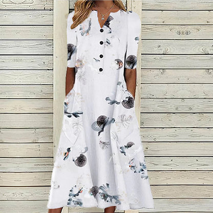 Womens Summer Dresses Button Short Sleeve Pockets Dress