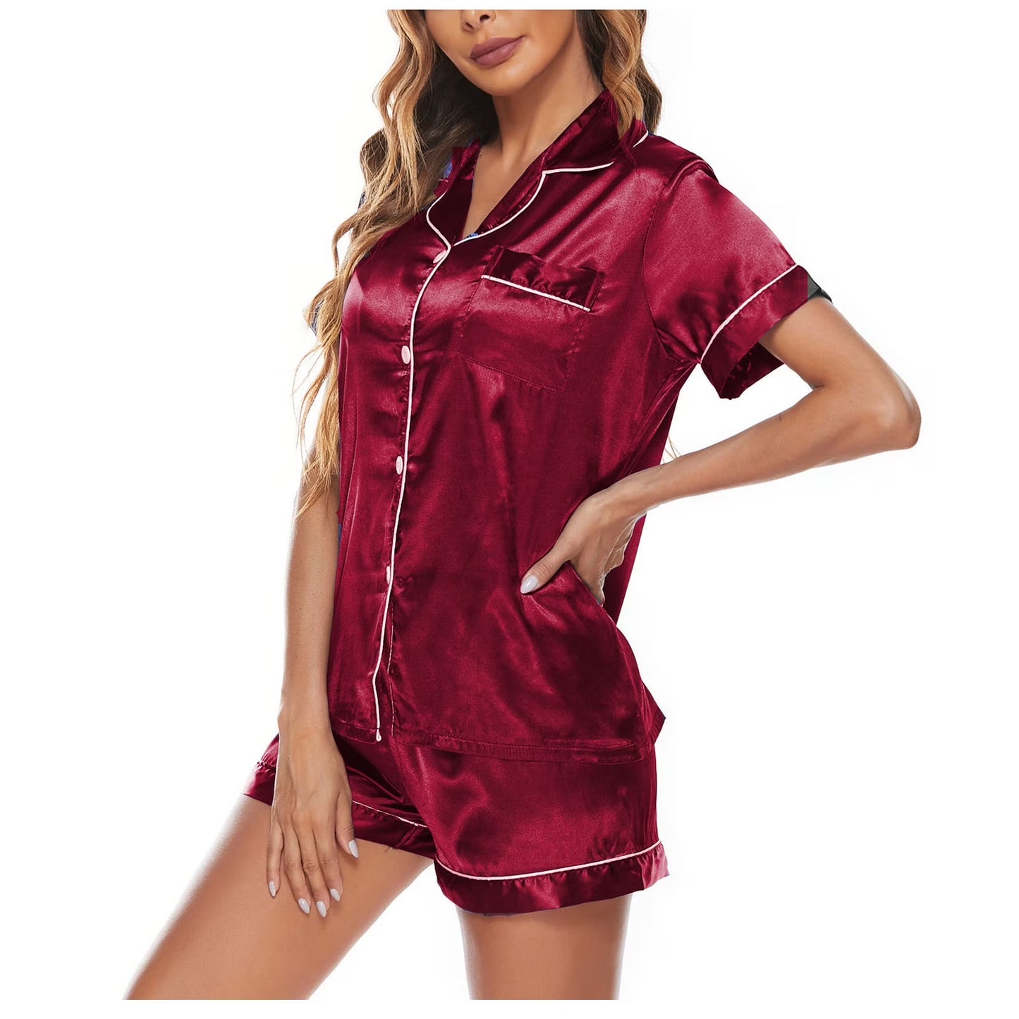 Satin Pajamas Set Women'S Short Sleeve Tops Sleepwear Soft Silk Button down Loungewear Comfy Pjs Shorts Set Homewear