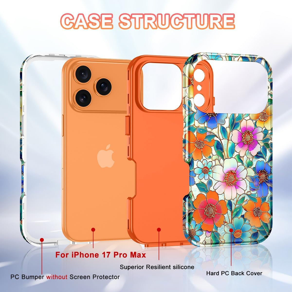 Compatible with Iphone 17 Pro Max Case 6.9 Inch 2025,Marble Pattern 3 in 1 Heavy Duty Shockproof Full Body Rugged Hard Pc+Soft Silicone Drop Protective Women Girl Phone Cases, Orange