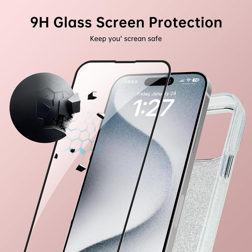Cute Case for Iphone 17 Pro Max 6.9" with HD Screen Protector,Pink Glitter Rhinestone Bow Phone Cases,Bowknot Pattern Silicone Protective Camera Shockproof Phone Cover for Women&Girls