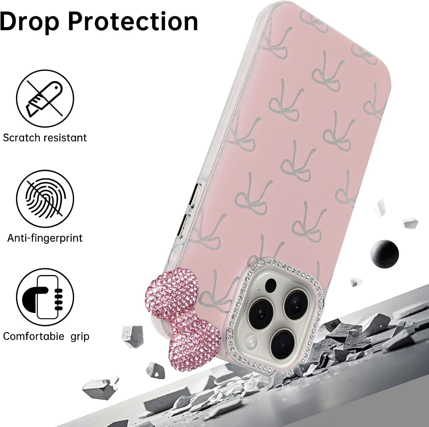 Cute Case for Iphone 17 Pro Max 6.9" with HD Screen Protector,Pink Glitter Rhinestone Bow Phone Cases,Bowknot Pattern Silicone Protective Camera Shockproof Phone Cover for Women&Girls