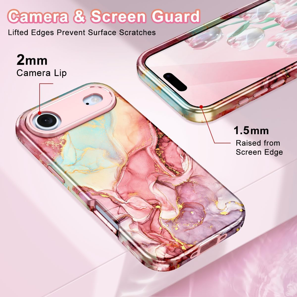 Compatible with Iphone Air Case 6.5 Inch 2025,Marble Pattern 3 in 1 Heavy Duty Shockproof Full Body Rugged Hard Pc+Soft Silicone Drop Protective Women Girl Phone Cases, Rose Gold