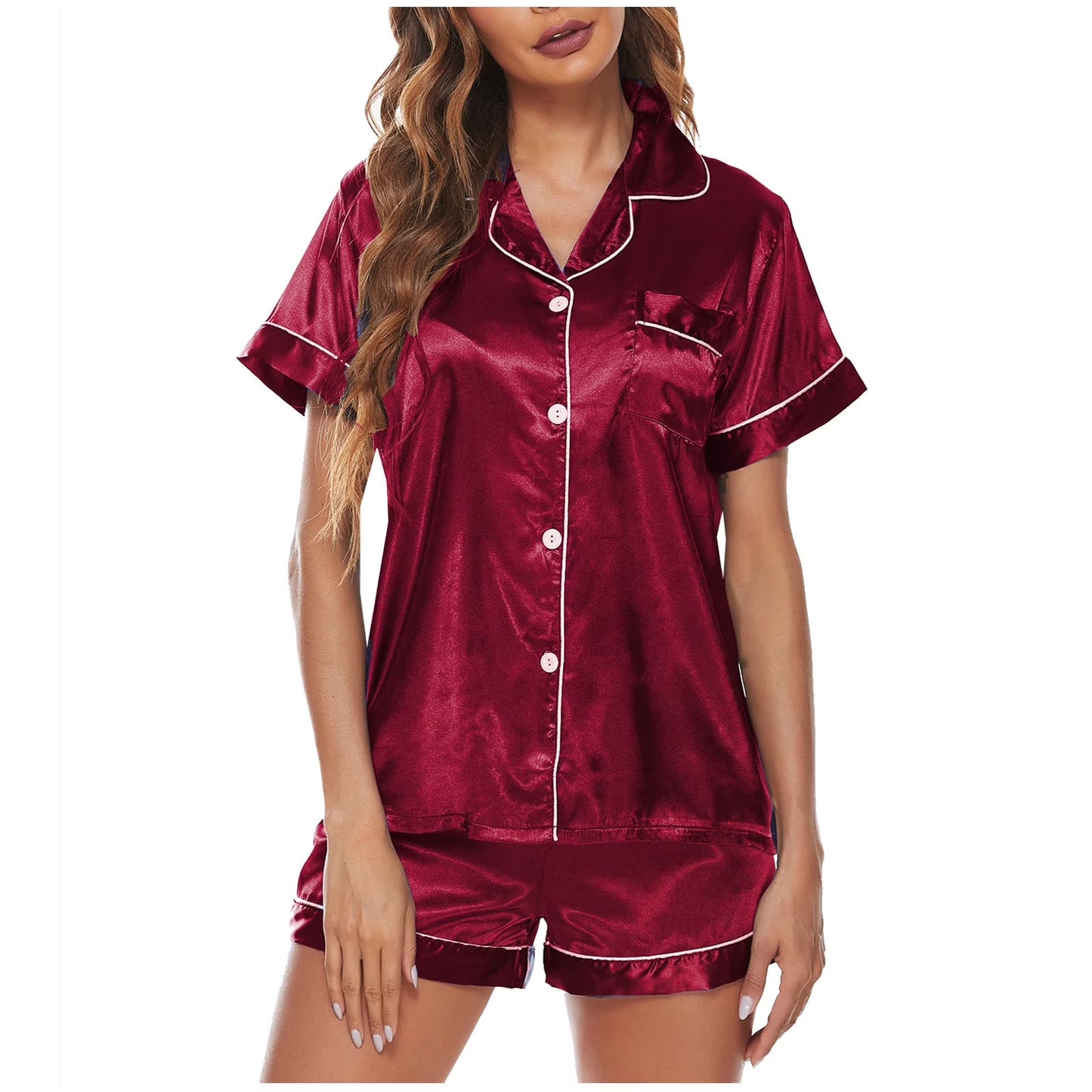 Satin Pajamas Set Women'S Short Sleeve Tops Sleepwear Soft Silk Button down Loungewear Comfy Pjs Shorts Set Homewear