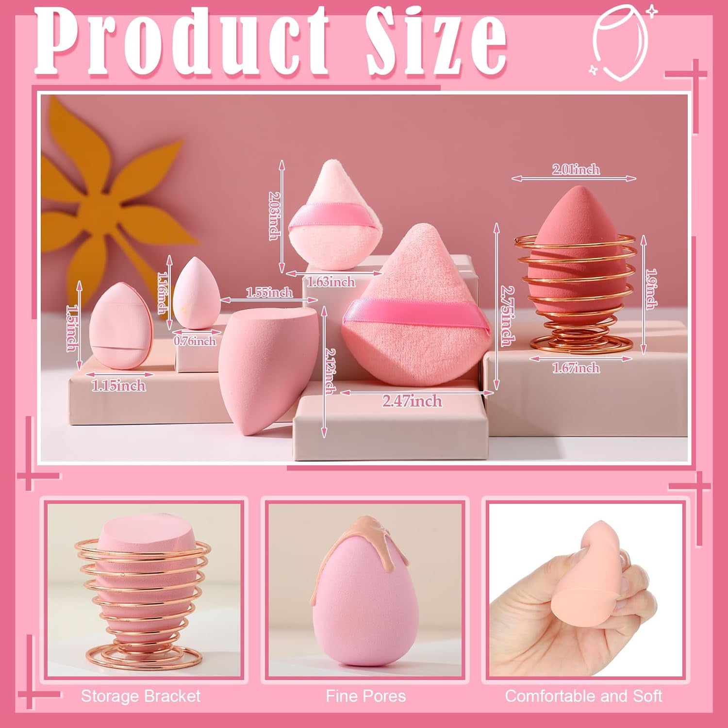 17PCS Makeup Sponge Set with 6PCS Powder Puff, 3PCS Mini Makeup Sponges, 3PCS Foundation Mini Make up Sponge Puff and 1PCS Make up Sponges Holder (Pink)