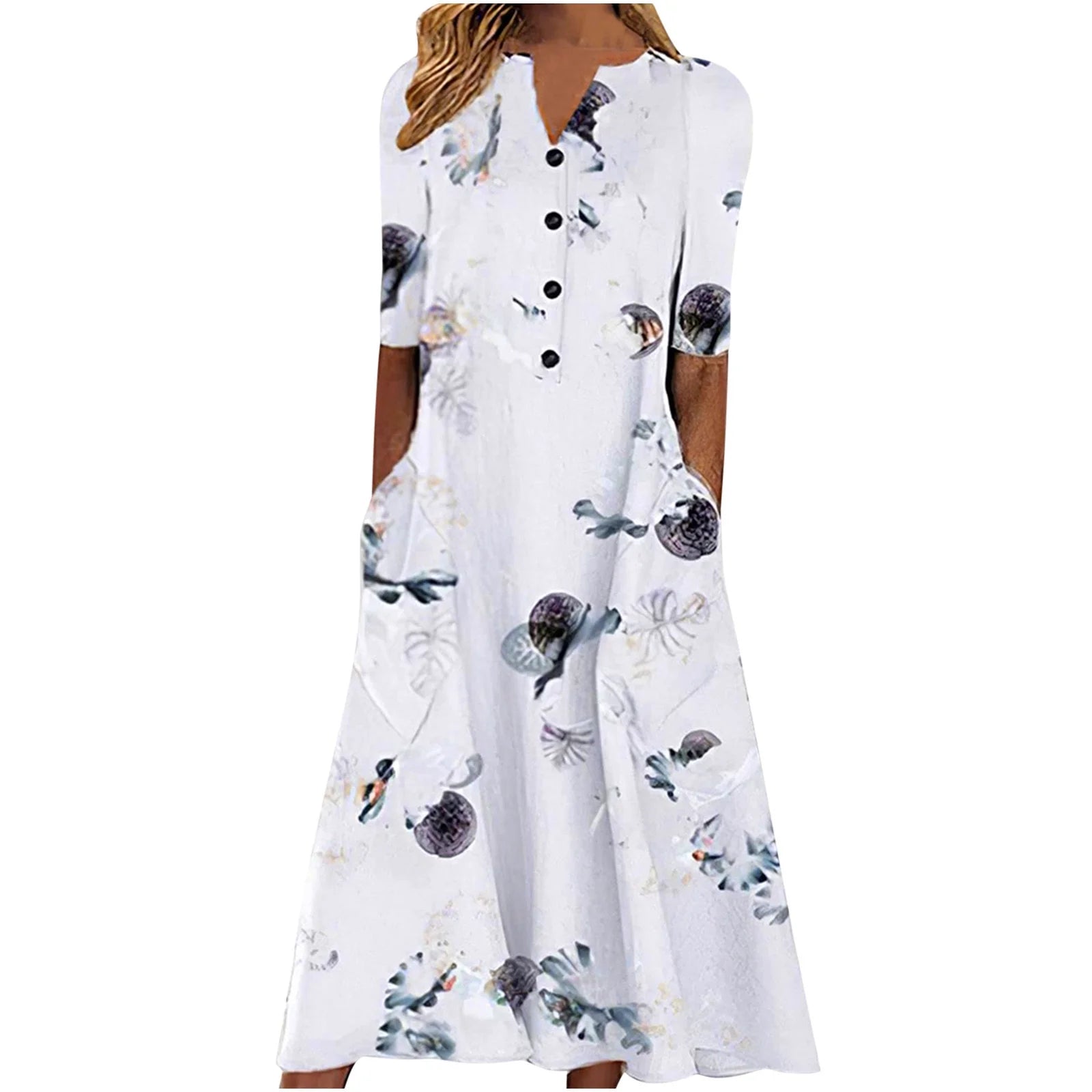 Womens Summer Dresses Button Short Sleeve Pockets Dress