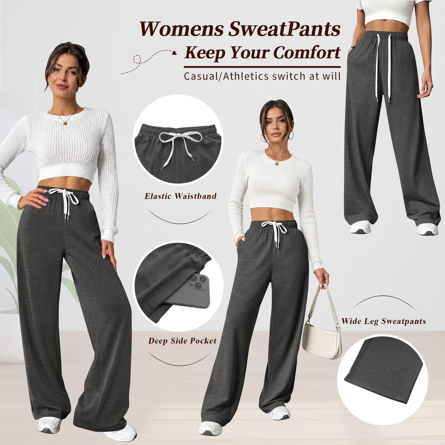 Fall Pants for Women Casual Sweatpants for Women Elastic Waistband Lounge Pants Women with Pockets Comfy Pants Winter Pants for Women Dark Grey M