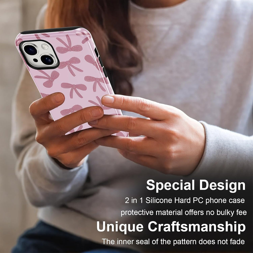 2 Pack Pink Bow Phone Cases for Iphone 14/Iphone 13 Case Pretty Blue Bow Pattern Design Hybrid Phone Case for Woman Girl,2 in 1 Silicone Hard PC Funda for Iphone 14 6.1 Inch