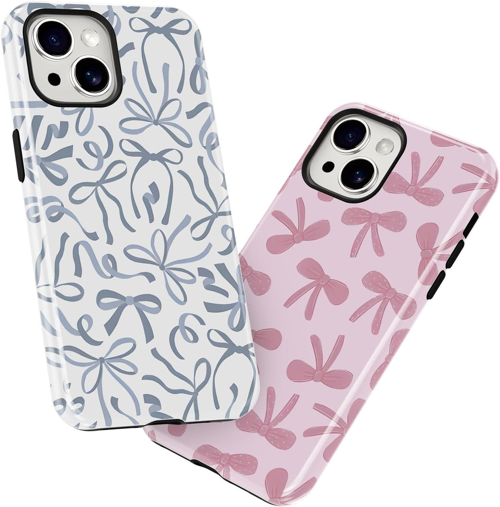 2 Pack Pink Bow Phone Cases for Iphone 14/Iphone 13 Case Pretty Blue Bow Pattern Design Hybrid Phone Case for Woman Girl,2 in 1 Silicone Hard PC Funda for Iphone 14 6.1 Inch