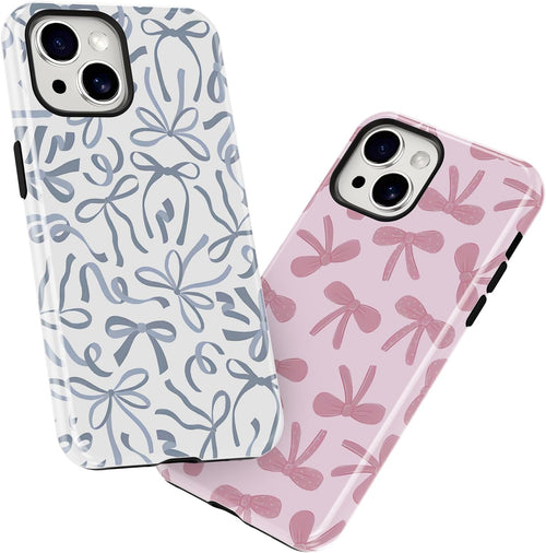 2 Pack Pink Bow Phone Cases for Iphone 14/Iphone 13 Case Pretty Blue Bow Pattern Design Hybrid Phone Case for Woman Girl,2 in 1 Silicone Hard PC Funda for Iphone 14 6.1 Inch