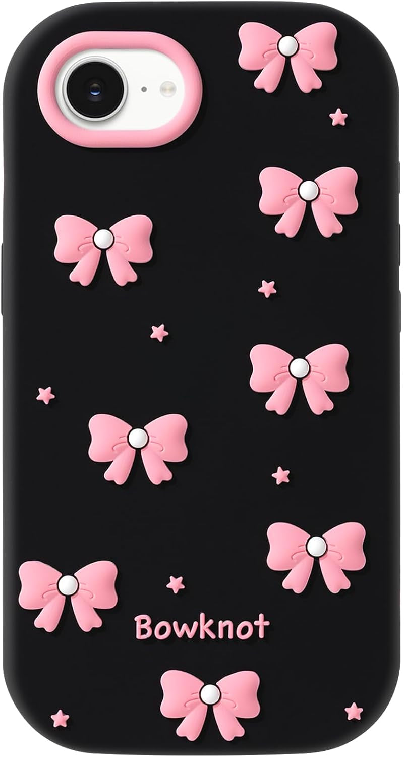 Cute Phone Case Compatible with Iphone 16E, Bow Iphone 17E Cases, 3D Cartoon Soft Silicone Shockproof Cover for Girls Women, Black
