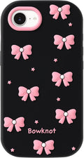 Cute Phone Case Compatible with Iphone 16E, Bow Iphone 17E Cases, 3D Cartoon Soft Silicone Shockproof Cover for Girls Women, Black