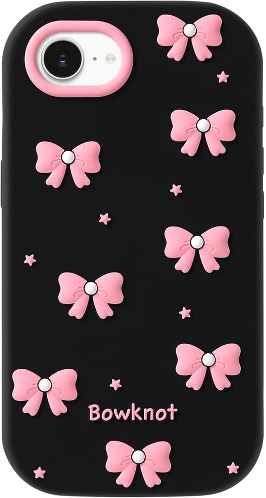 Cute Phone Case Compatible with Iphone 16E, Bow Iphone 17E Cases, 3D Cartoon Soft Silicone Shockproof Cover for Girls Women, Black