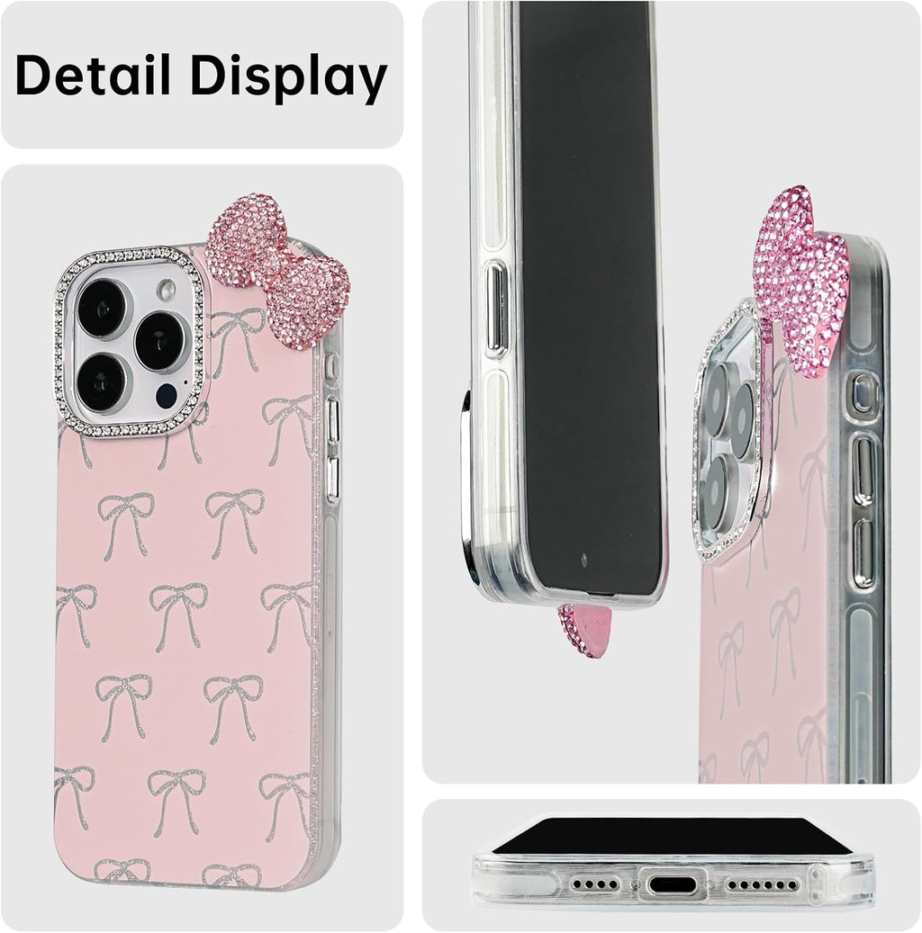 Cute Case for Iphone 17 Pro Max 6.9" with HD Screen Protector,Pink Glitter Rhinestone Bow Phone Cases,Bowknot Pattern Silicone Protective Camera Shockproof Phone Cover for Women&Girls