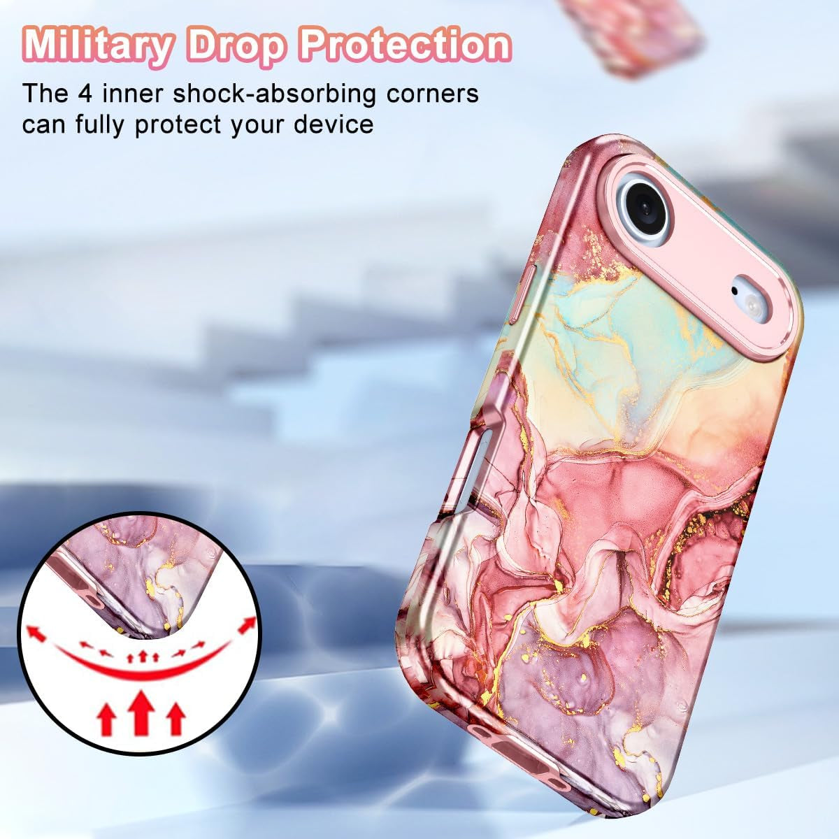 Compatible with Iphone Air Case 6.5 Inch 2025,Marble Pattern 3 in 1 Heavy Duty Shockproof Full Body Rugged Hard Pc+Soft Silicone Drop Protective Women Girl Phone Cases, Rose Gold