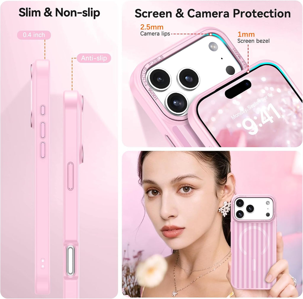 for Iphone 17 Pro Max Case Cute Striped Phone Case Compatible with Magsafe, Slim Translucent Aesthetic Protective Bumper Shockproof Cover for Women Girl for 17 Pro Max 6.9", Pink