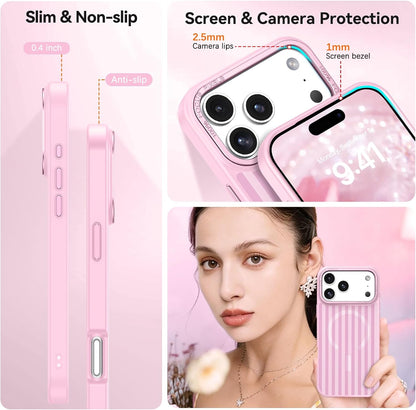 for Iphone 17 Pro Max Case Cute Striped Phone Case Compatible with Magsafe, Slim Translucent Aesthetic Protective Bumper Shockproof Cover for Women Girl for 17 Pro Max 6.9", Pink