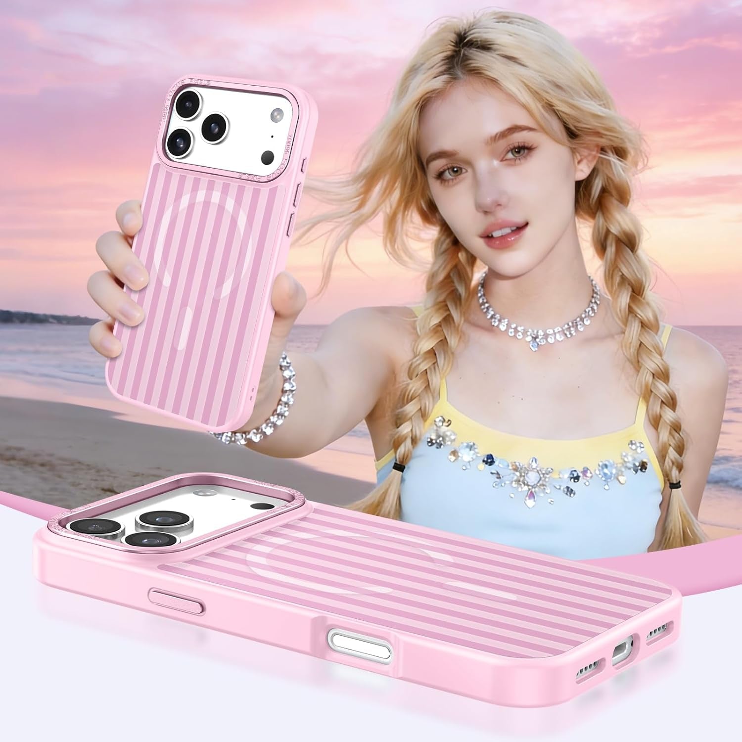 for Iphone 17 Pro Max Case Cute Striped Phone Case Compatible with Magsafe, Slim Translucent Aesthetic Protective Bumper Shockproof Cover for Women Girl for 17 Pro Max 6.9", Pink