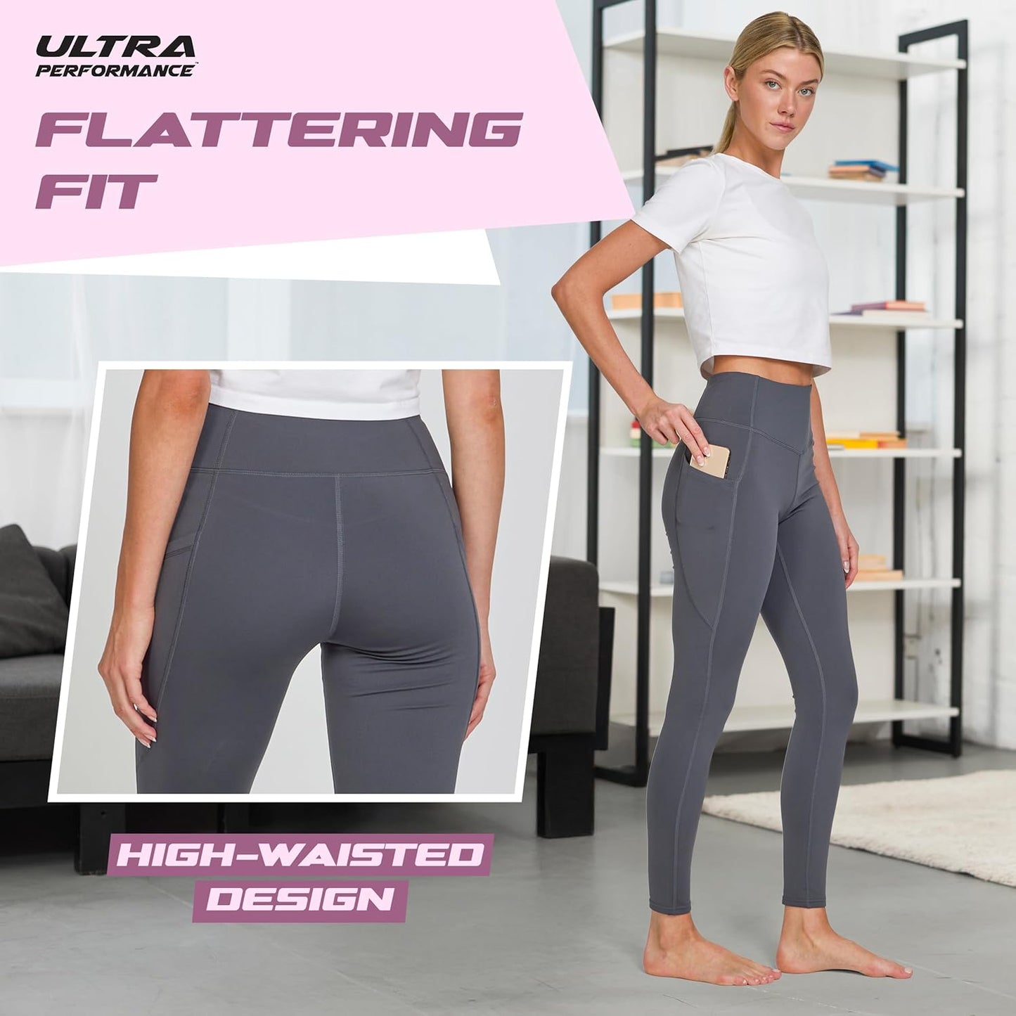 Lightweight Brushed Fleece Lined Leggings Women 2 Pk High Waisted Compression Womens Leggings with Pockets