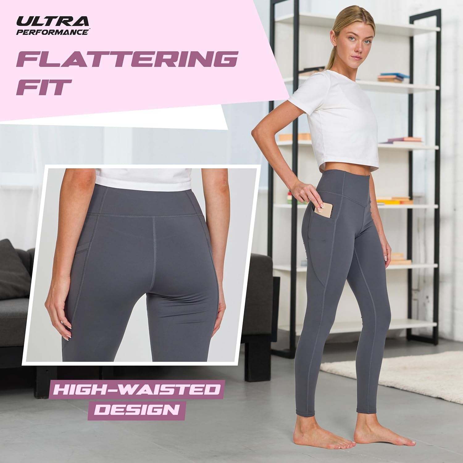 Lightweight Brushed Fleece Lined Leggings Women 2 Pk High Waisted Compression Womens Leggings with Pockets