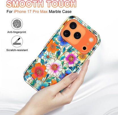 Compatible with Iphone 17 Pro Max Case 6.9 Inch 2025,Marble Pattern 3 in 1 Heavy Duty Shockproof Full Body Rugged Hard Pc+Soft Silicone Drop Protective Women Girl Phone Cases, Orange