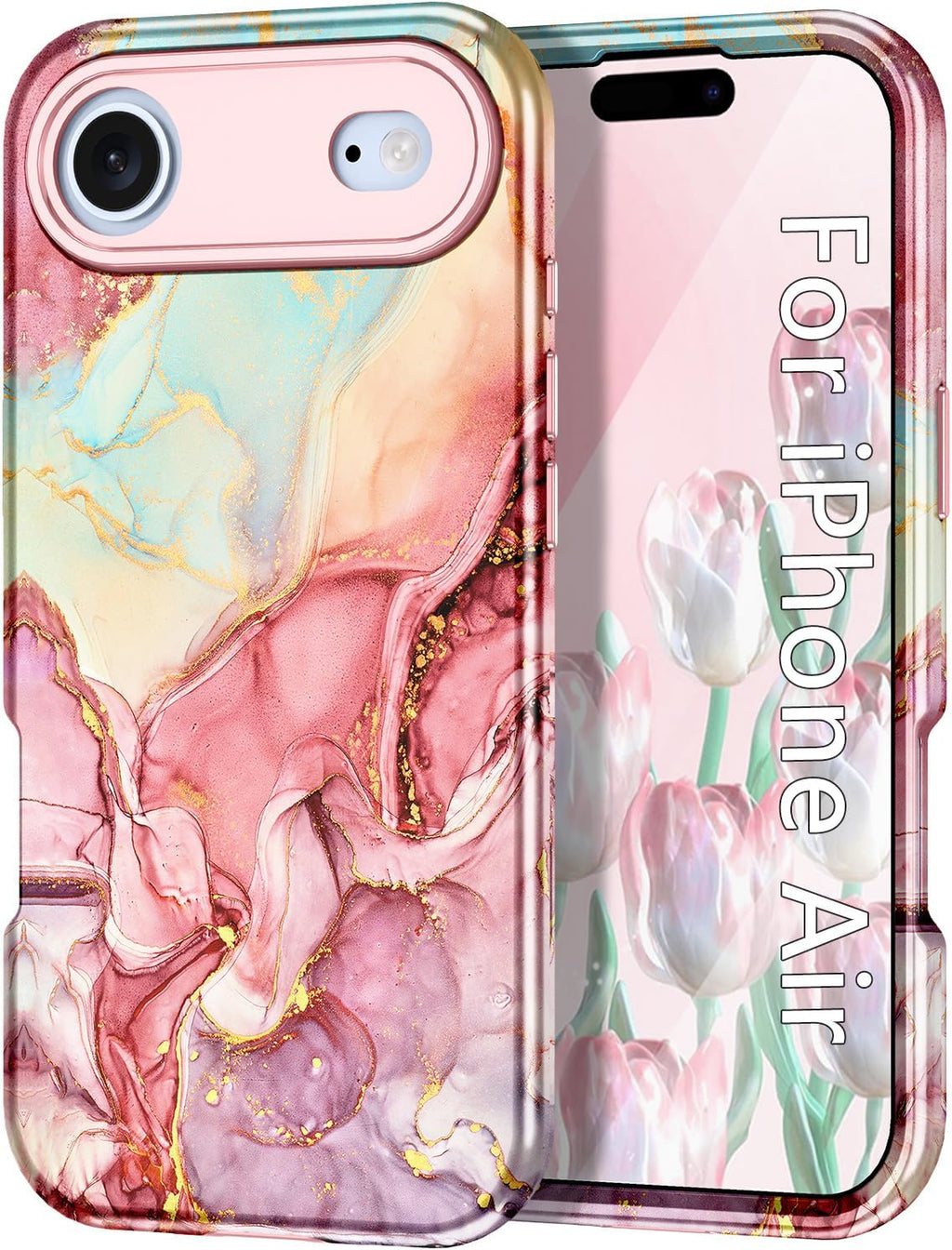 Compatible with Iphone Air Case 6.5 Inch 2025,Marble Pattern 3 in 1 Heavy Duty Shockproof Full Body Rugged Hard Pc+Soft Silicone Drop Protective Women Girl Phone Cases, Rose Gold