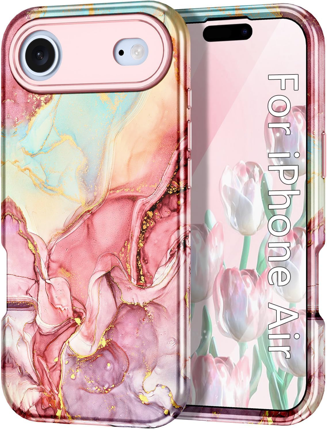Compatible with Iphone Air Case 6.5 Inch 2025,Marble Pattern 3 in 1 Heavy Duty Shockproof Full Body Rugged Hard Pc+Soft Silicone Drop Protective Women Girl Phone Cases, Rose Gold