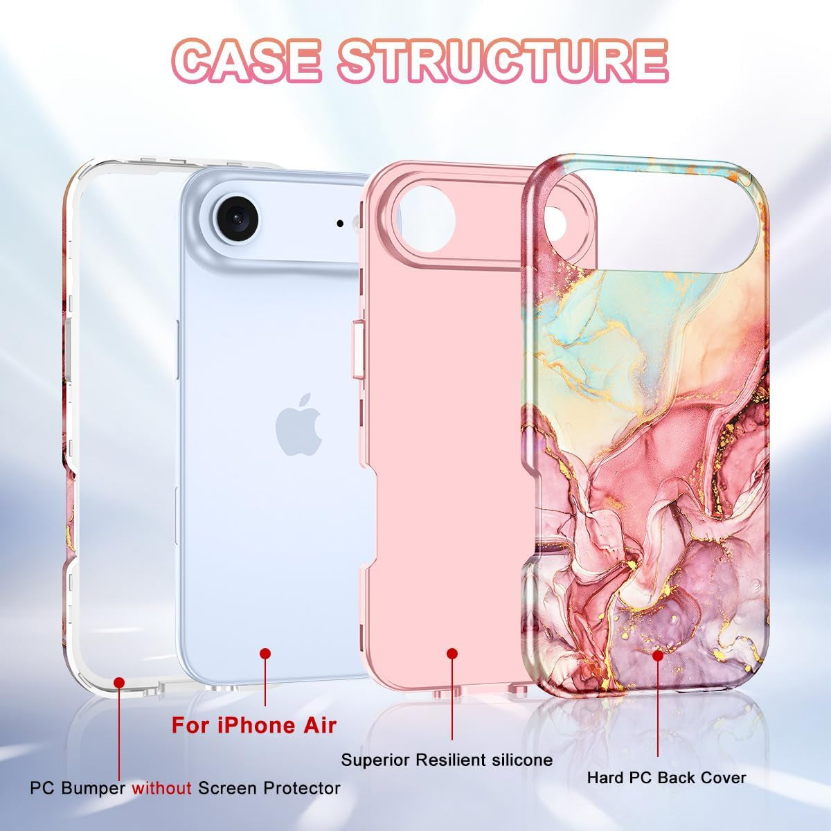 Compatible with Iphone Air Case 6.5 Inch 2025,Marble Pattern 3 in 1 Heavy Duty Shockproof Full Body Rugged Hard Pc+Soft Silicone Drop Protective Women Girl Phone Cases, Rose Gold