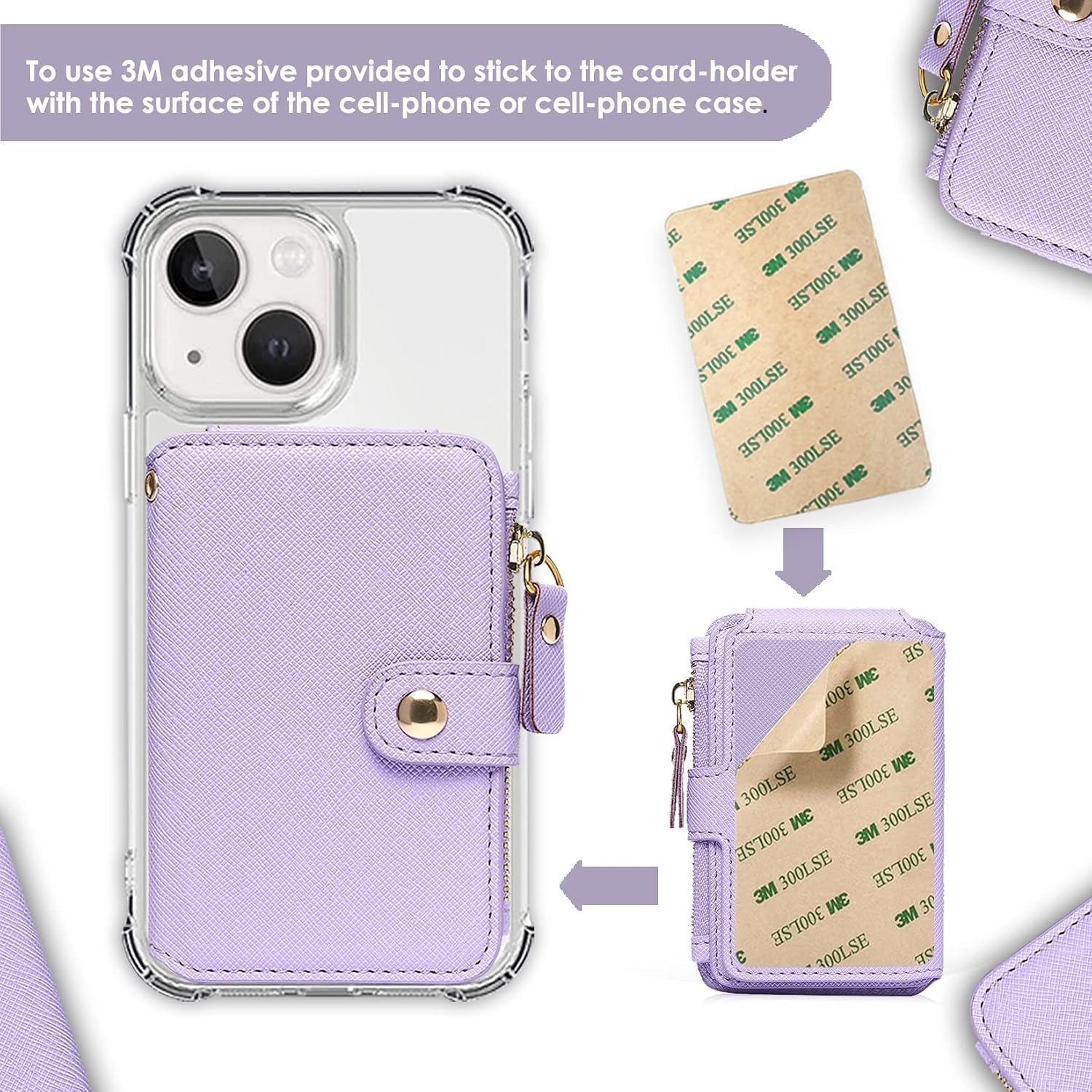 Phone Wallet Stick On, Credit Card Holder for Women Attachable Sticker,Phone Card Holder Compatible with Iphone 14 Pro Case and Most Smartphones (Purple)