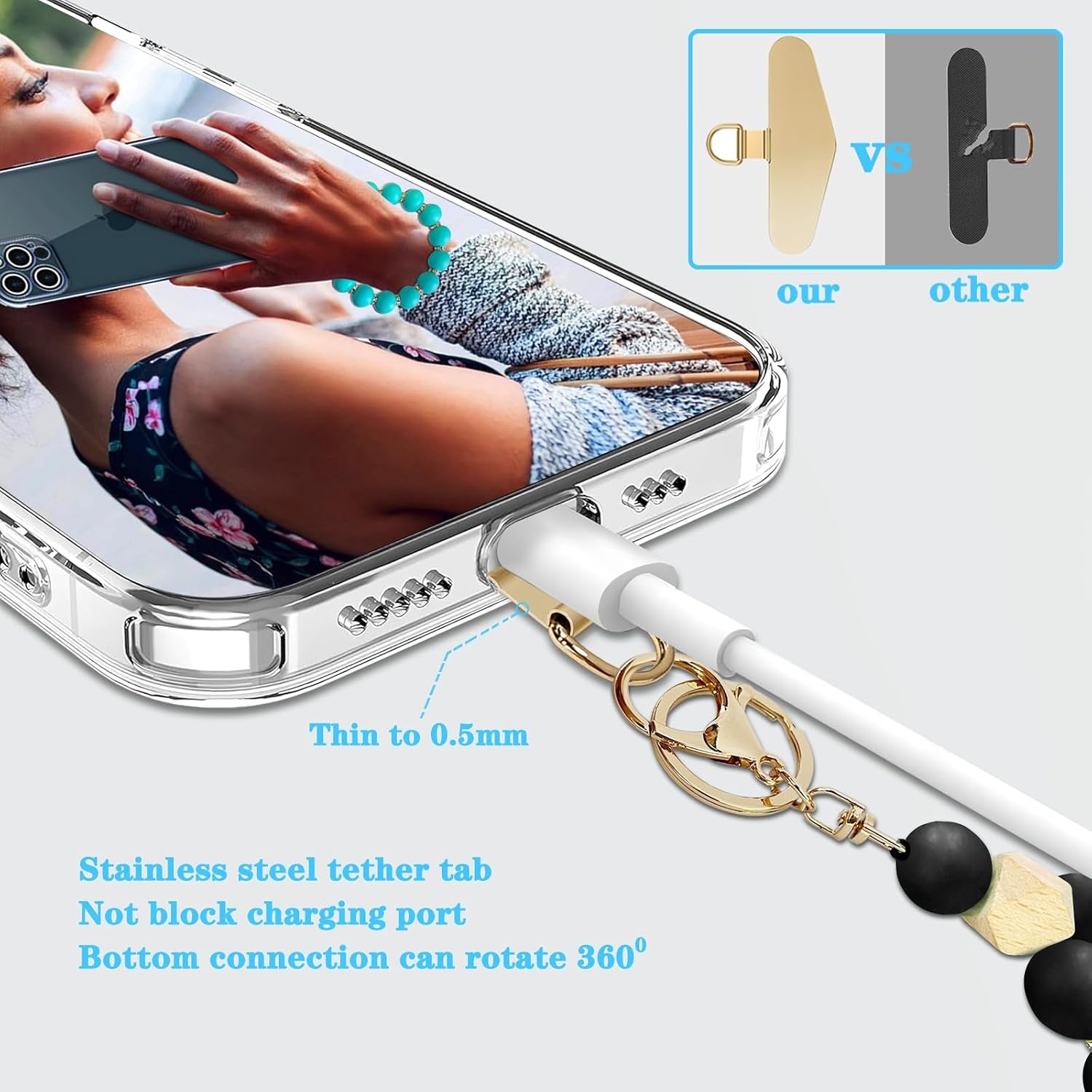 Silicone Beaded Phone Wrist Strap, Phone Bracelet Strap with Tether Tab Elastic Hands Free Wristlet Strap