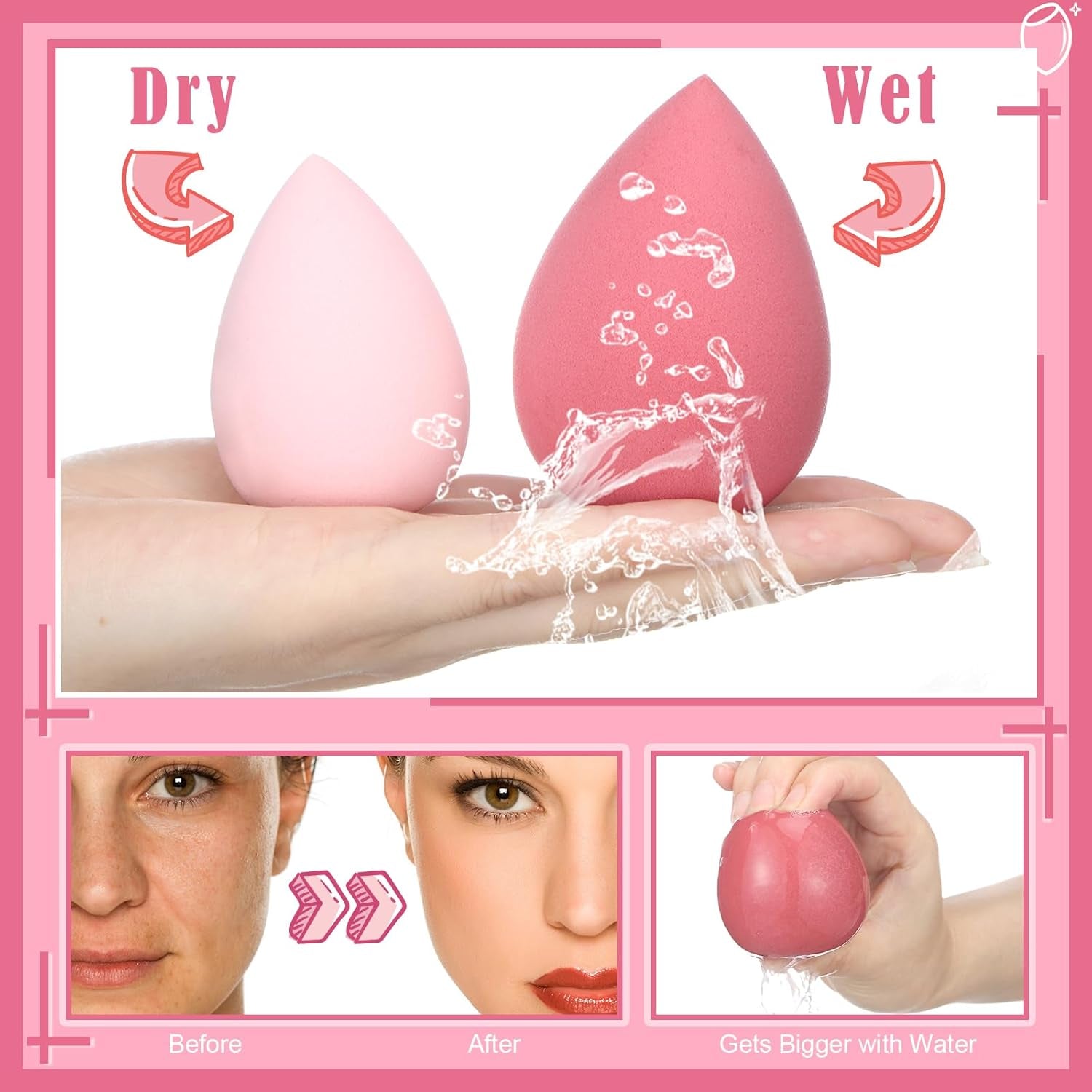 17PCS Makeup Sponge Set with 6PCS Powder Puff, 3PCS Mini Makeup Sponges, 3PCS Foundation Mini Make up Sponge Puff and 1PCS Make up Sponges Holder (Pink)