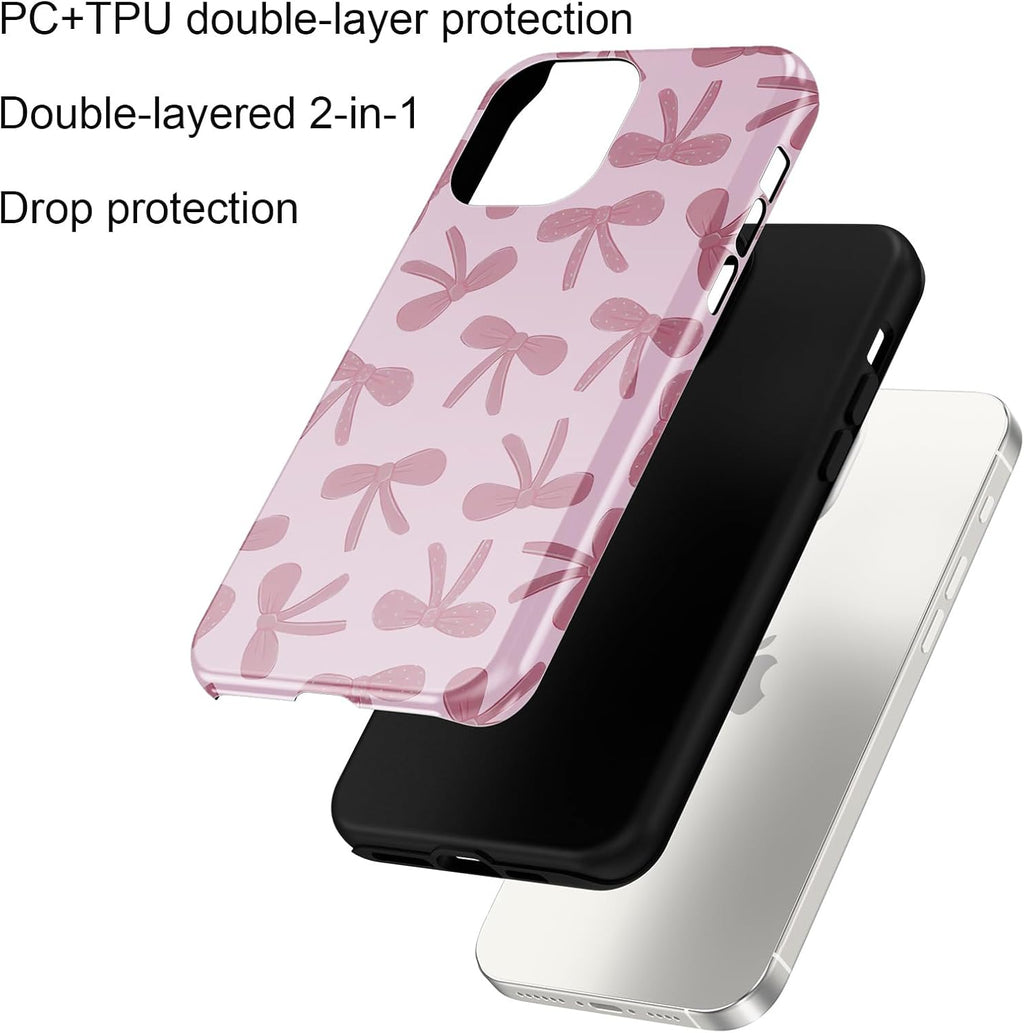 2 Pack Pink Bow Phone Cases for Iphone 14/Iphone 13 Case Pretty Blue Bow Pattern Design Hybrid Phone Case for Woman Girl,2 in 1 Silicone Hard PC Funda for Iphone 14 6.1 Inch