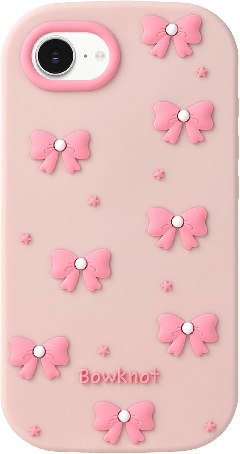 Cute Phone Case for Iphone 16E, Bow Iphone 17E Cases, 3D Cartoon Soft Silicone Heavy Duty Protection Cases Cover for Girls Women, Light Pink