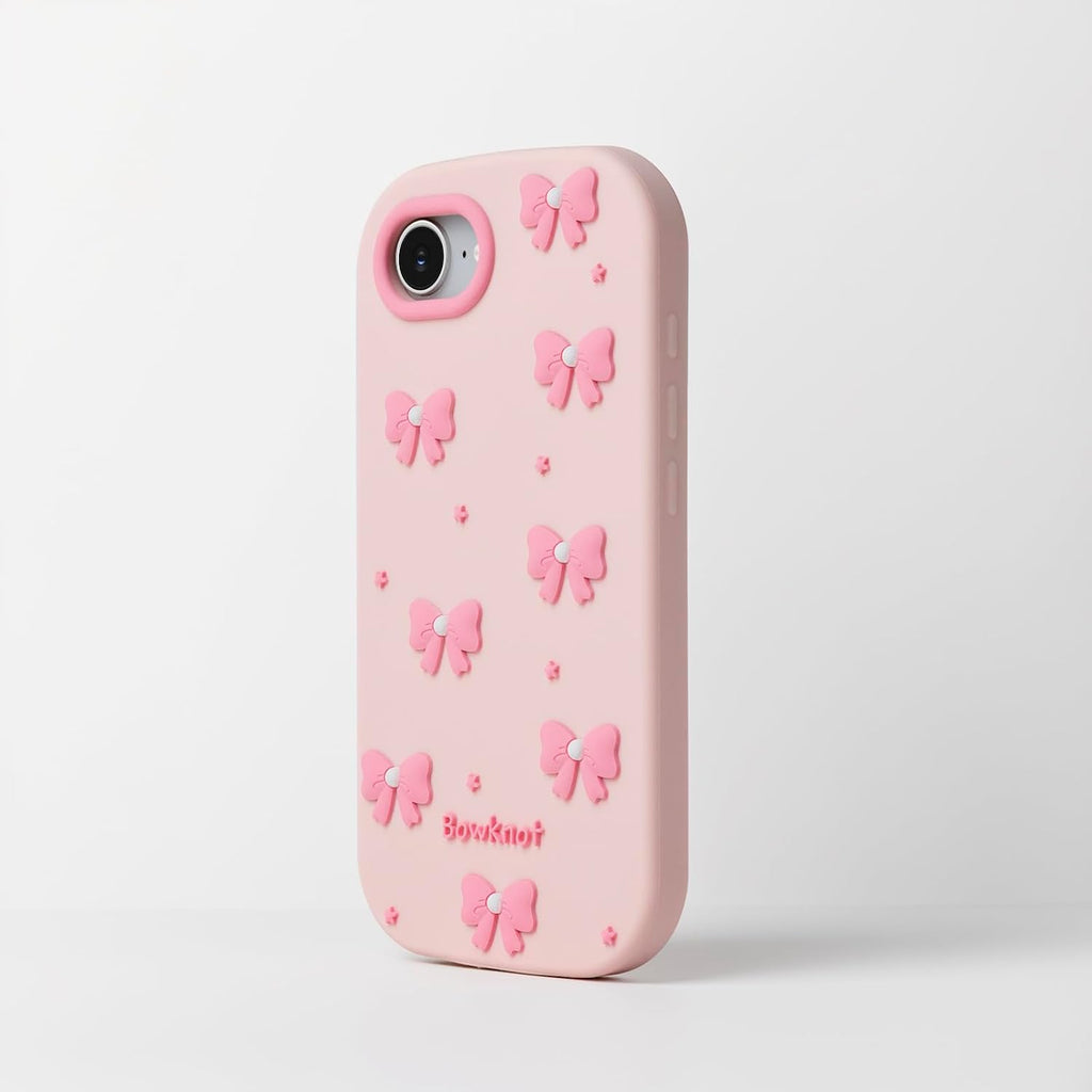Cute Phone Case for Iphone 16E, Bow Iphone 17E Cases, 3D Cartoon Soft Silicone Heavy Duty Protection Cases Cover for Girls Women, Light Pink