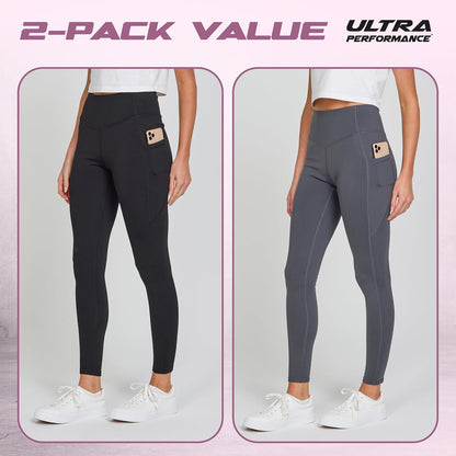 Lightweight Brushed Fleece Lined Leggings Women 2 Pk High Waisted Compression Womens Leggings with Pockets