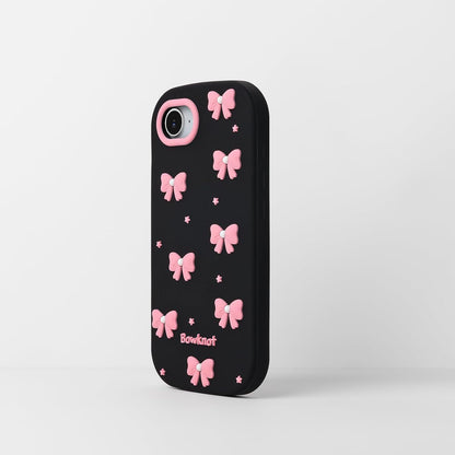 Cute Phone Case Compatible with Iphone 16E, Bow Iphone 17E Cases, 3D Cartoon Soft Silicone Shockproof Cover for Girls Women, Black