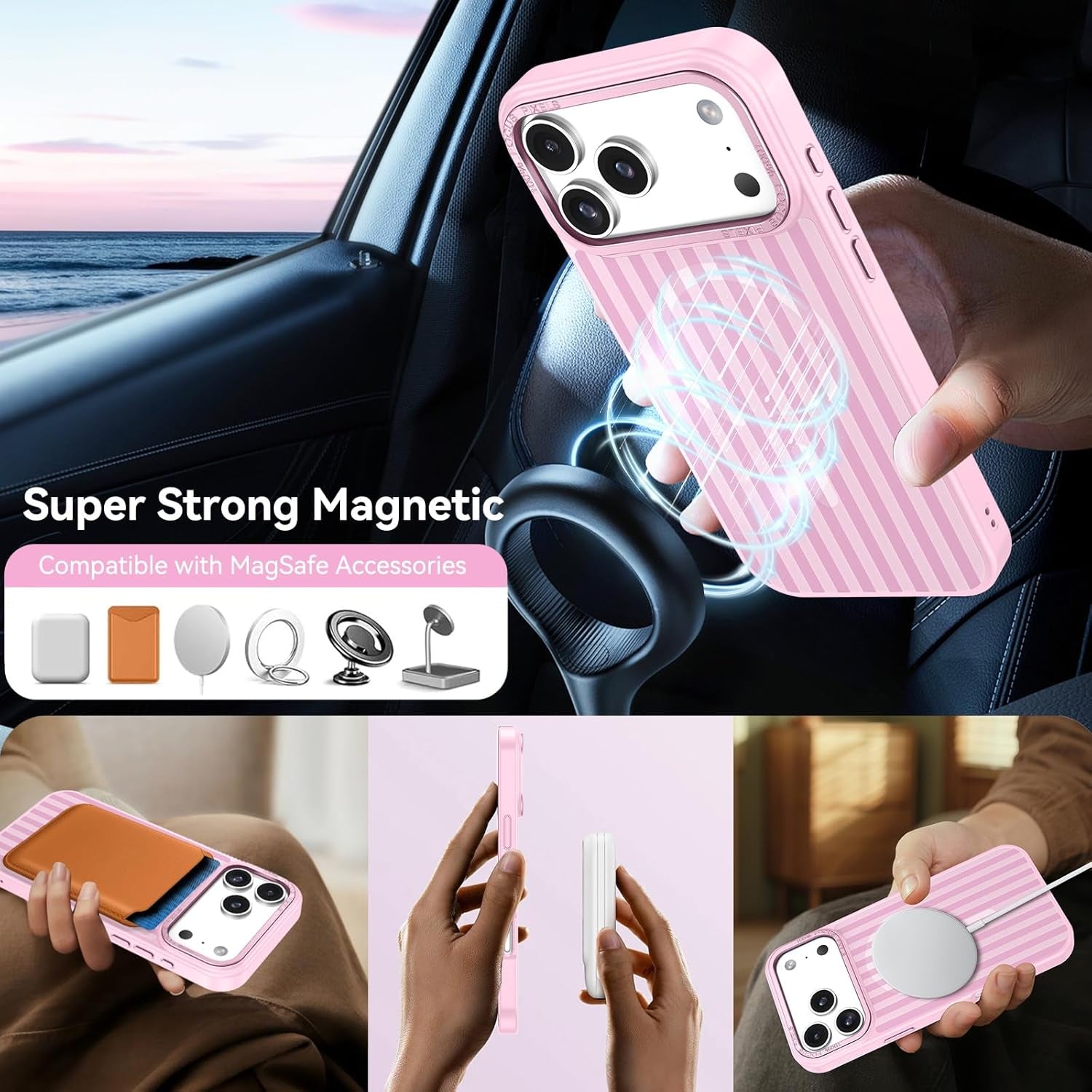 for Iphone 17 Pro Max Case Cute Striped Phone Case Compatible with Magsafe, Slim Translucent Aesthetic Protective Bumper Shockproof Cover for Women Girl for 17 Pro Max 6.9", Pink