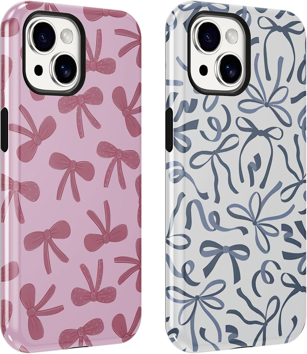 2 Pack Pink Bow Phone Cases for Iphone 14/Iphone 13 Case Pretty Blue Bow Pattern Design Hybrid Phone Case for Woman Girl,2 in 1 Silicone Hard PC Funda for Iphone 14 6.1 Inch