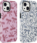 2 Pack Pink Bow Phone Cases for Iphone 14/Iphone 13 Case Pretty Blue Bow Pattern Design Hybrid Phone Case for Woman Girl,2 in 1 Silicone Hard PC Funda for Iphone 14 6.1 Inch