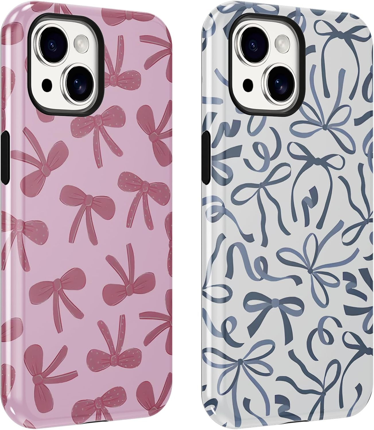 2 Pack Pink Bow Phone Cases for Iphone 14/Iphone 13 Case Pretty Blue Bow Pattern Design Hybrid Phone Case for Woman Girl,2 in 1 Silicone Hard PC Funda for Iphone 14 6.1 Inch