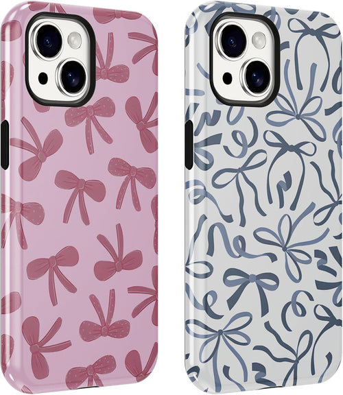 2 Pack Pink Bow Phone Cases for Iphone 14/Iphone 13 Case Pretty Blue Bow Pattern Design Hybrid Phone Case for Woman Girl,2 in 1 Silicone Hard PC Funda for Iphone 14 6.1 Inch